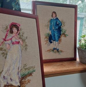 Framed pair needlepoint artwork Pinkie & Blue Boy sweet embroidery home decor
